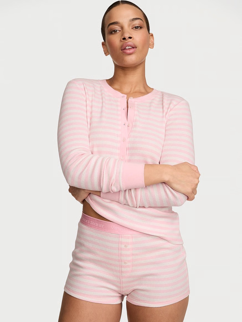 Victoria's Secret Pink & White Striped Long Sleeve Henley Top